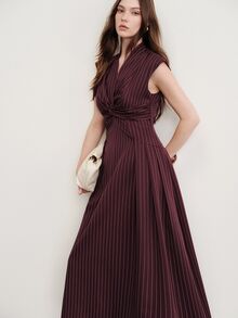 Aveloria Modichic Striped Fabric, Elegant French Design Knot Decor Fashion Versatile Full Skirt Long Dress Brunch Tea Party Burgundy Summer - Burgundy - View 4