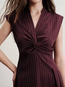 Aveloria Modichic Striped Fabric, Elegant French Design Knot Decor Fashion Versatile Full Skirt Long Dress Brunch Tea Party Burgundy Summer - Burgundy - View 3