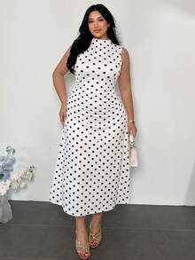 Firerie Plus Size Spring/Summer New Stand Collar Sleeveless Pleated Flared Hem Elegant Romantic Date Tea Party Cocktail Graduation Dress Casual Commute Stretch Ruched Women's Sleeveless Dress - Black and White - View 8