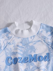 SHEIN 青少年女孩 2 件組圖案 T 恤套裝 藍色熱帶印花套頭衫與運動長褲套裝 休閒居家服 開學季、秋季、健身房/運動 - 藍色 - 查看 7