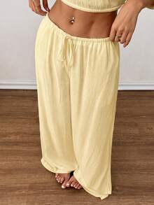 SHEIN PETITE Celana Panjang Wanita Kasual Serbaguna Warna Polos dengan Potongan Lebar - Kuning muda - View 7
