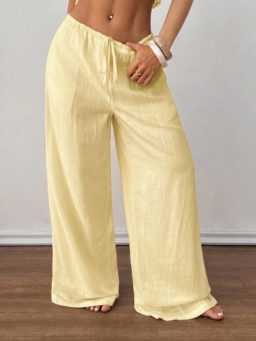SHEIN PETITE Celana Panjang Wanita Kasual Serbaguna Warna Polos dengan Potongan Lebar - Kuning muda - View 1
