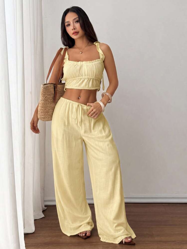 SHEIN PETITE 女款休閒百搭純色寬腿長褲 - 淡黃色 - 查看 4