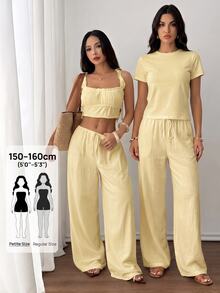SHEIN PETITE Celana Panjang Wanita Kasual Serbaguna Warna Polos dengan Potongan Lebar - Kuning muda - View 3