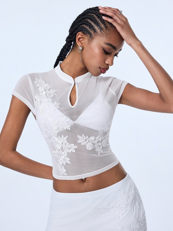 Y2Kool White Semi-Sheer Sexy Lace New Chinese Style Cheongsam Punk Y2K Hot Girl Casual Women's Blouse Shirt Suitable For Spring/Summer Parties, Holiday, Island Beach, Music Festival, EDM Festival
