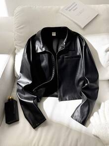 SHEIN 女童純色PU皮革拉鍊時尚百搭日常旅行秋季街頭風短領外套，適合秋冬 - 彩色 - 查看 10