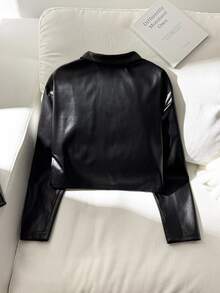 SHEIN 女童純色PU皮革拉鍊時尚百搭日常旅行秋季街頭風短領外套，適合秋冬 - 彩色 - 查看 9