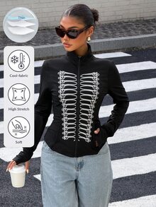 Muchica Black And White Fitted Women's Long-Sleeve Knit Sun-Protection Jacket Vintage Streetwear Napoleon-Style Print Pockets Everyday Autumn - Black - View 3