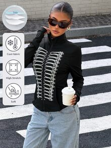 Muchica Black And White Fitted Women's Long-Sleeve Knit Sun-Protection Jacket Vintage Streetwear Napoleon-Style Print Pockets Everyday Autumn - Black - View 5