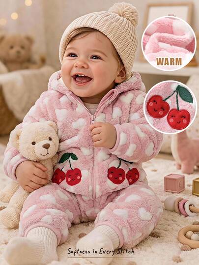 Cozy Pixies Baby Girl Heart Pattern Thermal Lined Thick Hooded Long Sleeve One-Piece Jumpsuit Versatile Comfortable