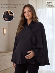 Slowluna Maternity Autumn Casual Solid Color Cape Nursing Jacket - Black - View 2