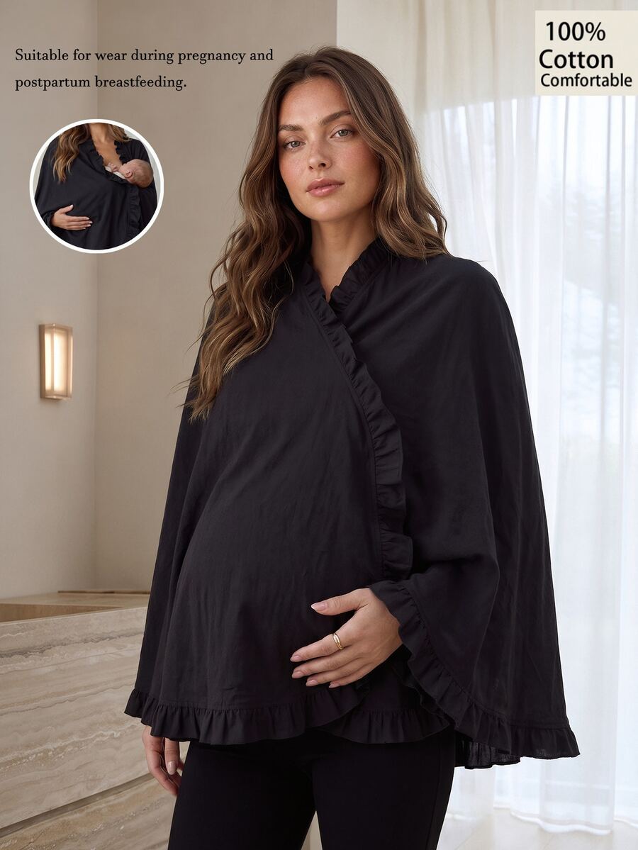 Slowluna Maternity Autumn Casual Solid Color Cape Nursing Jacket - Black - View 1