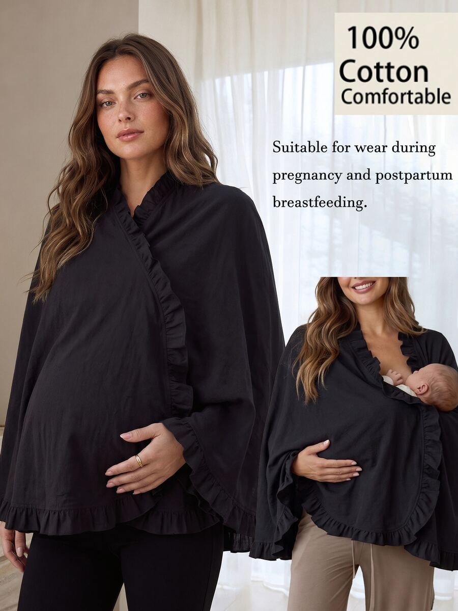 Slowluna Maternity Autumn Casual Solid Color Cape Nursing Jacket - Black - View 1