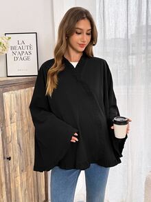 Slowluna Maternity Autumn Casual Solid Color Cape Nursing Jacket - Black - View 8