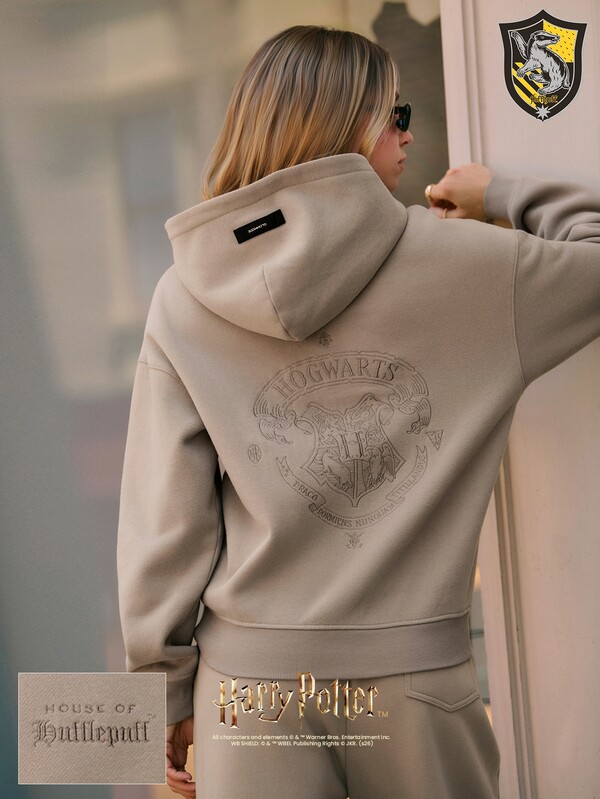 GLOWMODE X Harry Potter Hufflepuff House Crest Everyday Fleece Oversized Hoodie With Embroidered Front & Back Daily Casual Summer Fall Wear