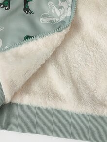 SHEIN Explorewe 小男孩卡通恐龍印花抓絨內裡連帽拉鍊外套，幼兒保暖冬季休閒外套，秋冬季休閒外衣 - 綠色 - 查看 7