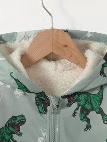 SHEIN Explorewe 小男孩卡通恐龍印花抓絨內裡連帽拉鍊外套，幼兒保暖冬季休閒外套，秋冬季休閒外衣 - 綠色 - 查看 4