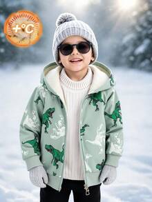 SHEIN Explorewe 小男孩卡通恐龍印花抓絨內裡連帽拉鍊外套，幼兒保暖冬季休閒外套，秋冬季休閒外衣 - 綠色 - 查看 1