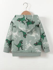 SHEIN Explorewe 小男孩卡通恐龍印花抓絨內裡連帽拉鍊外套，幼兒保暖冬季休閒外套，秋冬季休閒外衣 - 綠色 - 查看 2