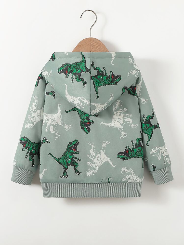 SHEIN Explorewe Young Boy Cartoon Dinosaur Print Fleece Lined Hooded Zip Jacket, Toddler Warm Winter Casual Outer Coat, Autumn&Winter, Fall, Casual Outerwear - Green - View 2