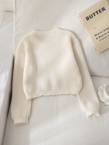 SHEIN 女童白色針織毛衣，圓領套頭衫，落肩設計，長袖，柔軟面料，適合秋冬，返校穿搭女童服飾 - 白色 - 查看 2