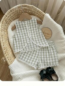 SHEIN 少女圆领露背花卉蕾丝边背心和短裤两件套 - 綠色 - 查看 5