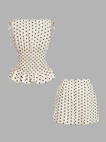 SHEIN MOD 女款波點荷葉邊上衣與迷你裙休閒日常套裝 - 彩色 - 查看 4