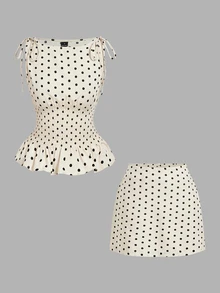 SHEIN MOD 女款波點荷葉邊上衣與迷你裙休閒日常套裝 - 彩色 - 查看 2