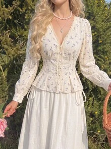 SHEIN MOD 花卉刺繡燈籠袖V領蕾絲女上衣 - 彩色 - 查看 2