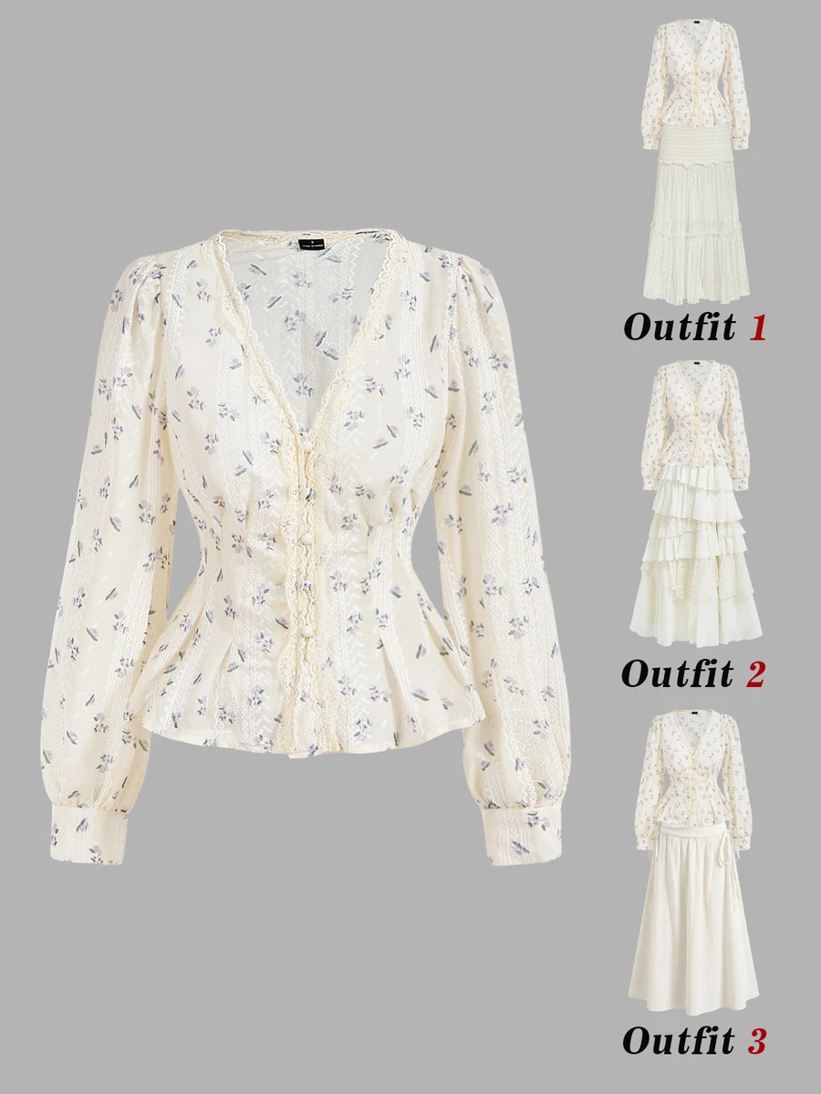 SHEIN MOD 花卉刺繡燈籠袖V領蕾絲女上衣 - 彩色 - 查看 1