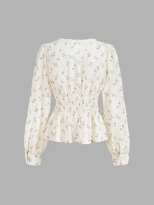 SHEIN MOD 花卉刺繡燈籠袖V領蕾絲女上衣 - 彩色 - 查看 3