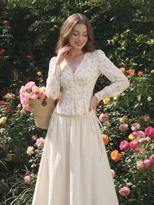 SHEIN MOD 花卉刺繡燈籠袖V領蕾絲女上衣 - 彩色 - 查看 5