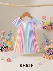 SHEIN 女婴3个月-3岁连衣裙，1件套休闲可爱日常夏季女童装，彩色无袖褶皱连衣裙 - 彩色 - 查看 7