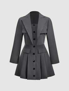 SHEIN MOD Women's Jacket With Front Buttons And Bandeau Dress Suit Set Teachers' Day Office Dark Grey Summer Elegant - Grey - View 6