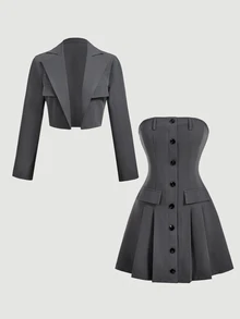 SHEIN MOD Women's Jacket With Front Buttons And Bandeau Dress Suit Set Teachers' Day Office Dark Grey Summer Elegant - Grey - View 2