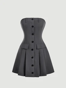 SHEIN MOD Women's Jacket With Front Buttons And Bandeau Dress Suit Set Teachers' Day Office Dark Grey Summer Elegant - Grey - View 10