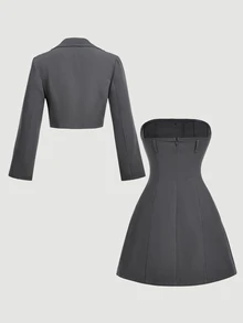 SHEIN MOD Women's Jacket With Front Buttons And Bandeau Dress Suit Set Teachers' Day Office Dark Grey Summer Elegant - Grey - View 4