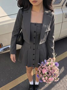 SHEIN MOD Women's Jacket With Front Buttons And Bandeau Dress Suit Set Teachers' Day Office Dark Grey Summer Elegant - Grey - View 3