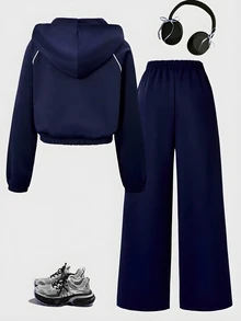 SHEIN Casuvi Kids 青少年女孩 2 件套運動衫套裝，針織純色連帽前開襟落肩袖運動外套，搭配同款寬鬆寬腿長運動長褲，對比色條紋與蝴蝶結圖案印花，適中厚度，適合春秋日常休閒與運動穿著 - 藏蓝色 - 查看 2