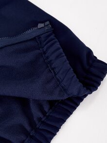 SHEIN Casuvi Kids 青少年女孩 2 件套運動衫套裝，針織純色連帽前開襟落肩袖運動外套，搭配同款寬鬆寬腿長運動長褲，對比色條紋與蝴蝶結圖案印花，適中厚度，適合春秋日常休閒與運動穿著 - 藏蓝色 - 查看 5