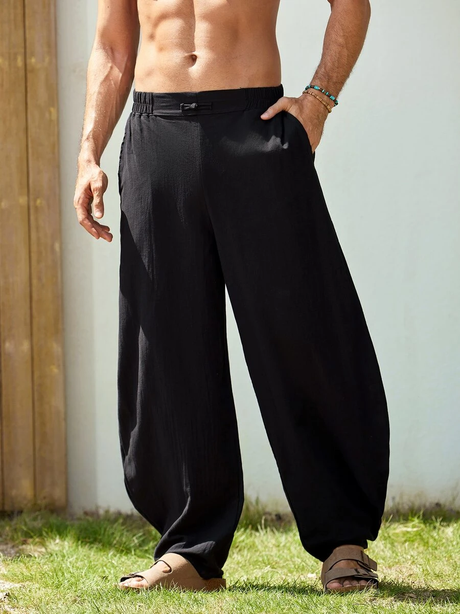 Mercer Haus GOLDREDY Men's Loose Casual Retro Harem Pants With Button Decoration, Simple Fashion Commuter Wear