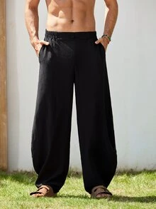 Mercer Haus GOLDREDY Men's Loose Casual Retro Harem Pants With Button Decoration, Simple Fashion Commuter Wear - Black - View 6