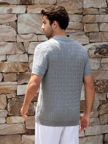 Mercer Haus Men's Twisted Floral Pattern Polo Collar Slim Fit Short Sleeve Sweater - Grey - View 3
