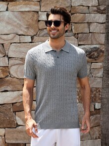 Mercer Haus Men's Twisted Floral Pattern Polo Collar Slim Fit Short Sleeve Sweater - Grey - View 6