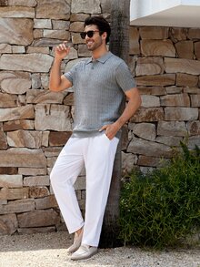 Mercer Haus Men's Twisted Floral Pattern Polo Collar Slim Fit Short Sleeve Sweater - Grey - View 4