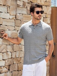 Mercer Haus Men's Twisted Floral Pattern Polo Collar Slim Fit Short Sleeve Sweater - Grey - View 2