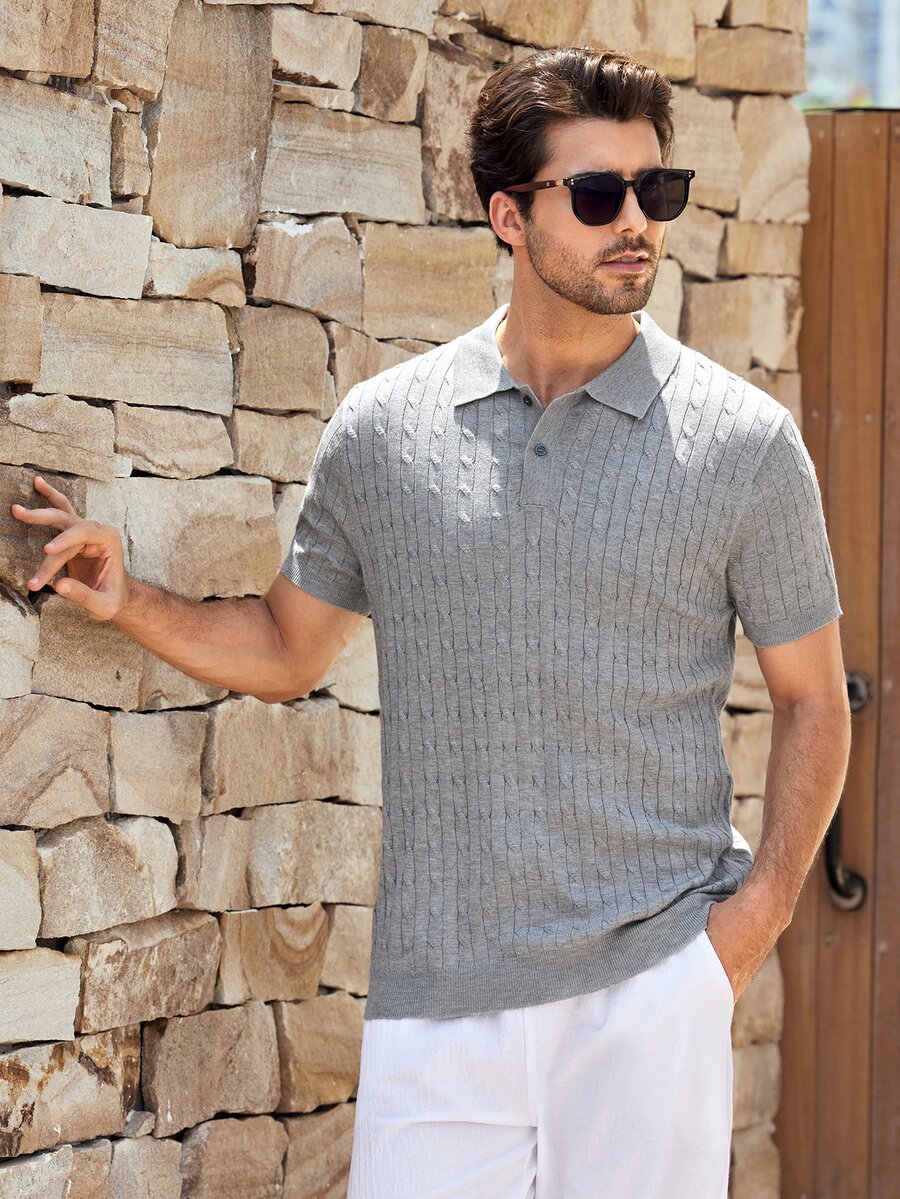 Mercer Haus Men's Twisted Floral Pattern Polo Collar Slim Fit Short Sleeve Sweater