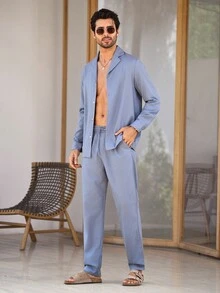 Mercer Haus GOLDREDY Men's Loose Casual Fashion Long Sleeve Blazer & Pants 2 Pieces Set, Suitable For Outing Casual Wear, Minimalist - Dusty Blue - View 4