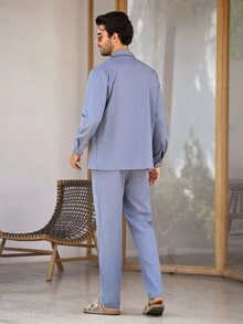 Mercer Haus GOLDREDY Men's Loose Casual Fashion Long Sleeve Blazer & Pants 2 Pieces Set, Suitable For Outing Casual Wear, Minimalist - Dusty Blue - View 3