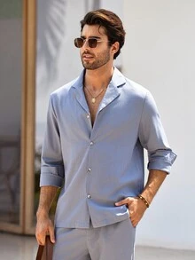 Mercer Haus GOLDREDY Men's Loose Casual Fashion Long Sleeve Blazer & Pants 2 Pieces Set, Suitable For Outing Casual Wear, Minimalist - Dusty Blue - View 6